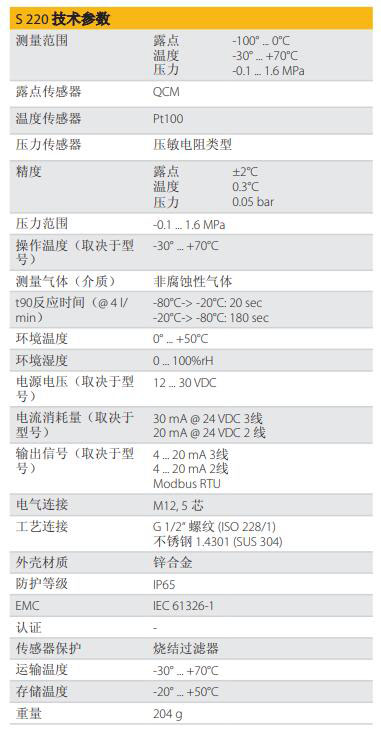 德國希爾思S 220露點傳感器的參數(shù)